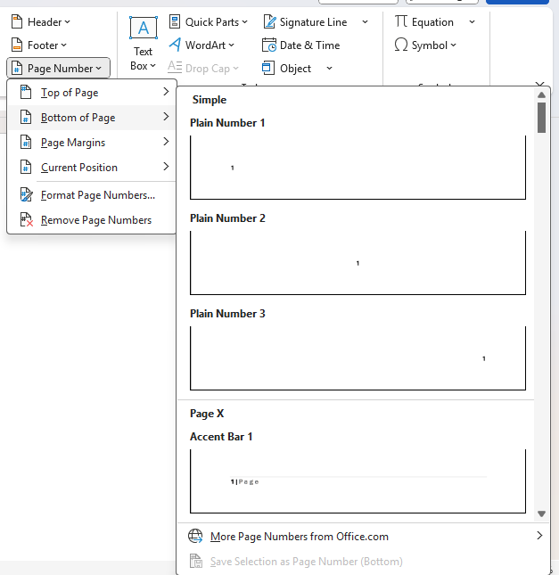 Inserting a page number in Word